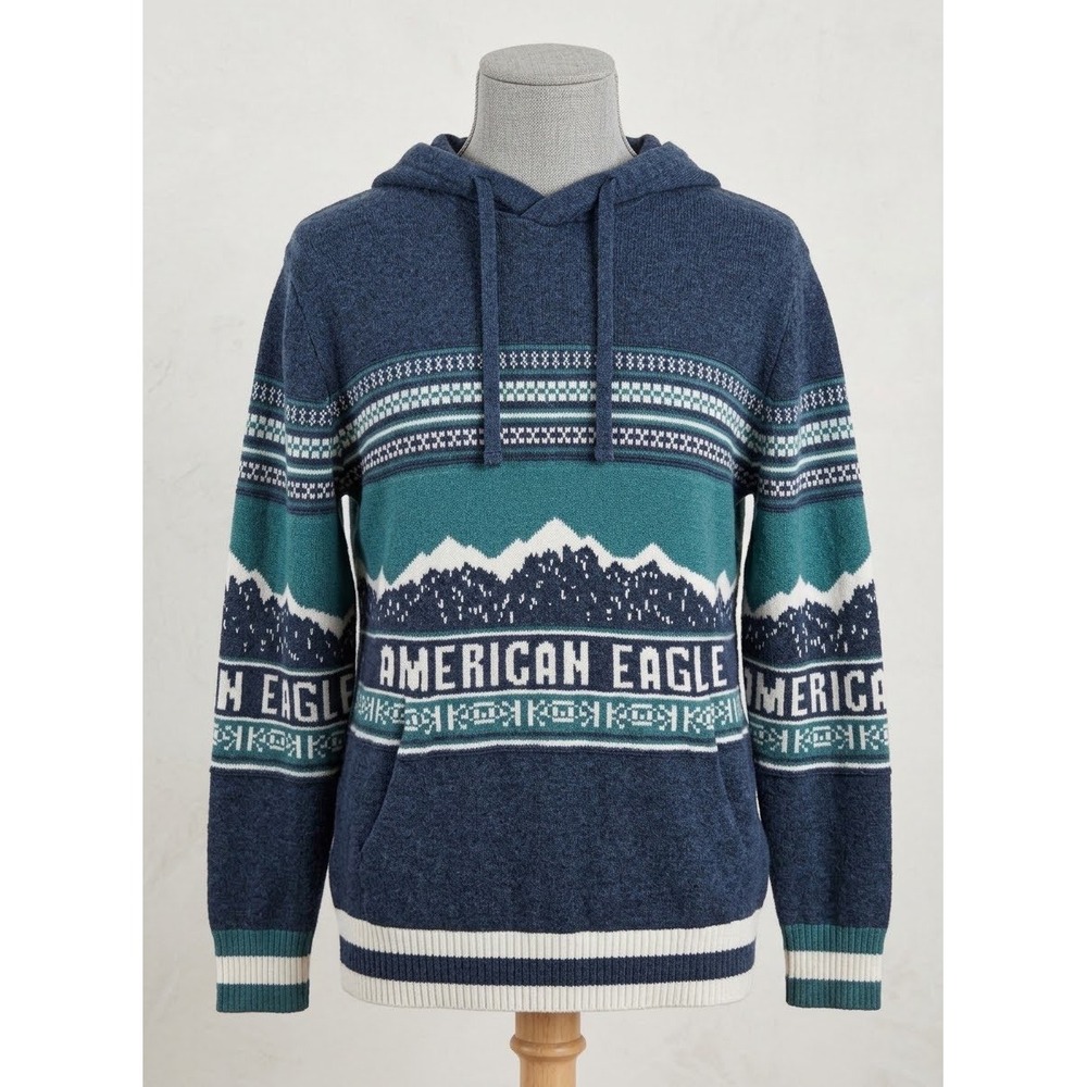 American Eagle Mens LT Blue Fair Isle Mountain Knit Hoodie Sweater Tall Large